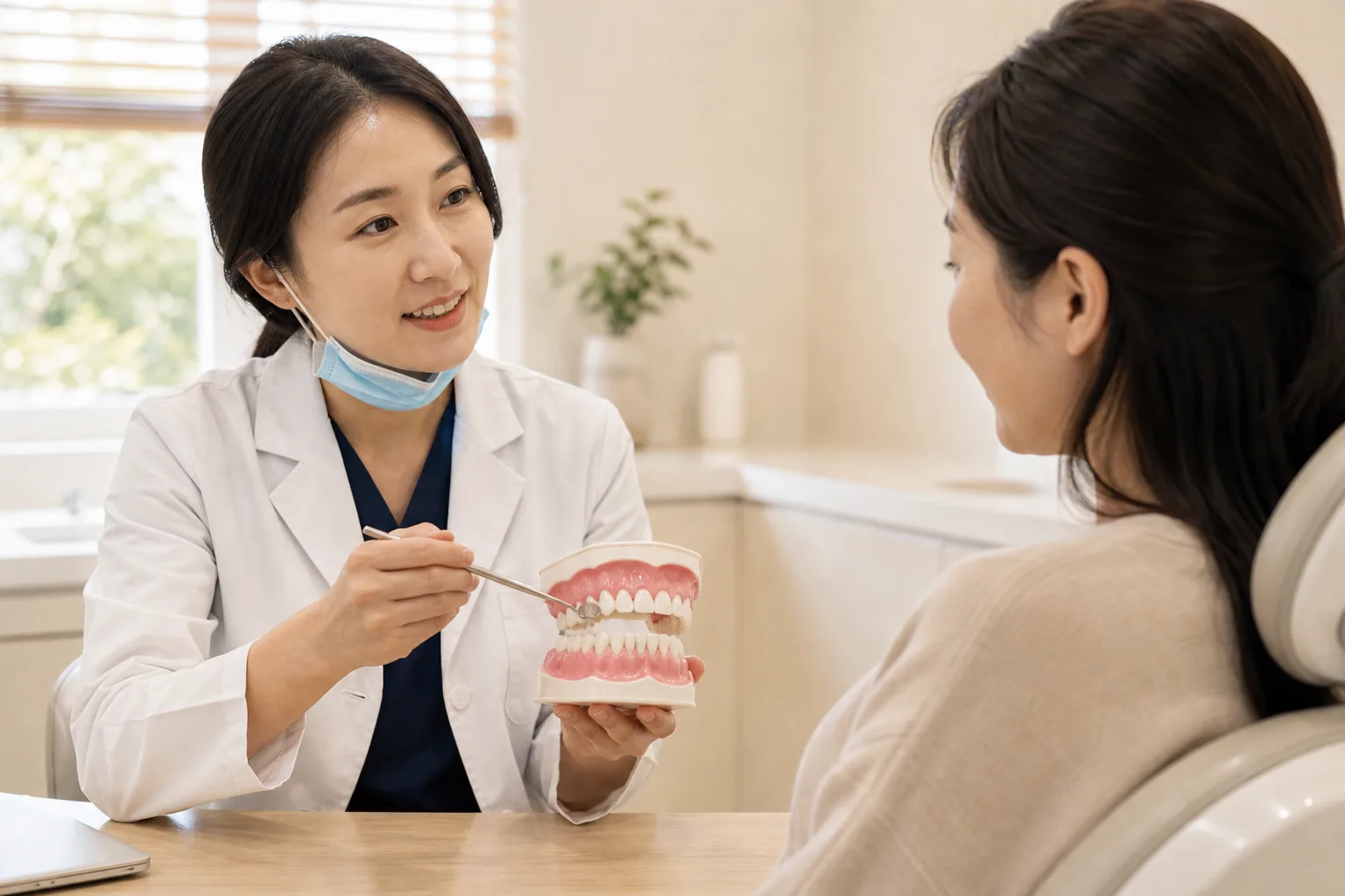치과의사가 잇몸 모형으로 잇몸 건강과 치주 상태를 설명하는 상담 장면