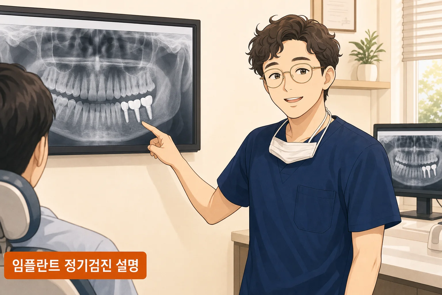 이채윤 원장이 정기검진에서 임플란트 방사선 사진의 변연골 상태를 설명하는 장면