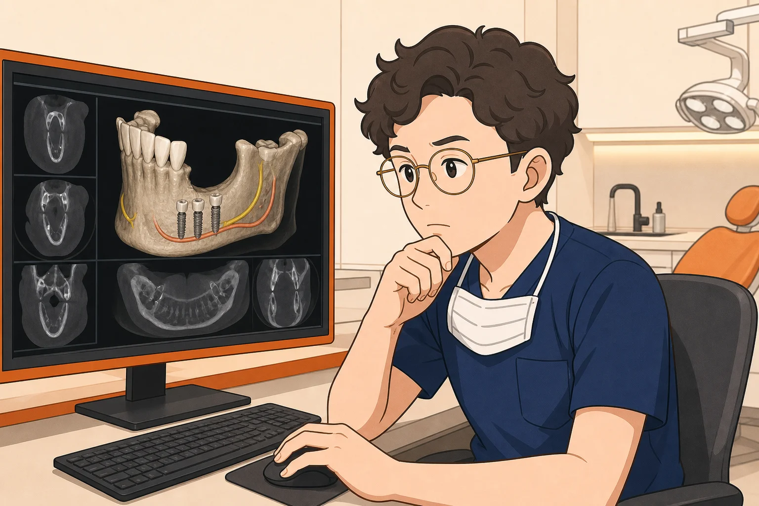 이채윤 원장이 임플란트 식립 전 3D CT에서 신경관 위치를 확인하는 장면