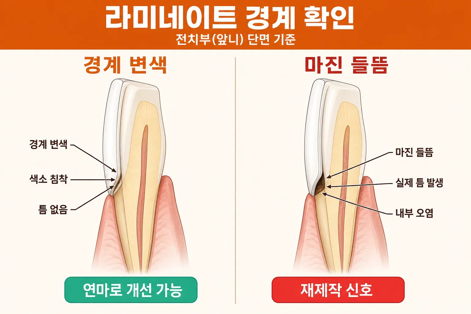 라미네이트 경계 변색과 마진 들뜸을 앞니 단면으로 비교한 인포그래픽. 왼쪽 경계 변색은 틈 없이 색소만 침착돼 연마로 개선 가능, 오른쪽 마진 들뜸은 실제 틈과 내부 오염이 생겨 재제작 신호