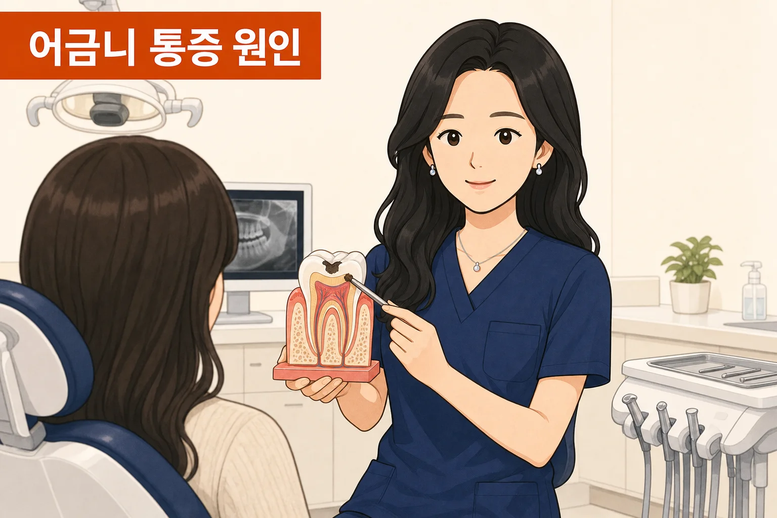 어금니 씹을 때 통증, 5가지 원인 구분법 내용을 설명하는 치과 진료 이미지