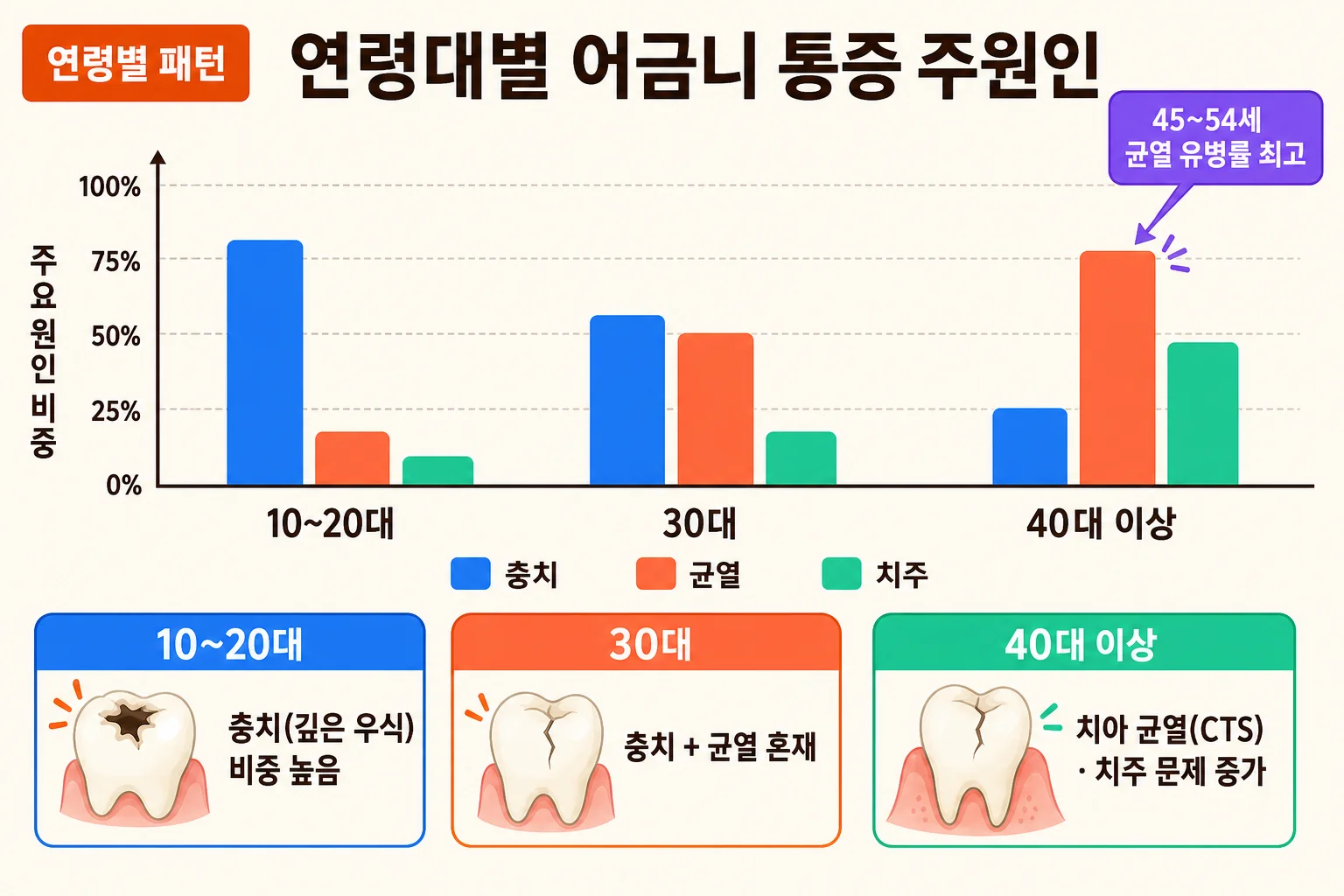 연령대에 따라 상대적으로 자주 나타나는 어금니 통증 원인을 정리한 인포그래픽