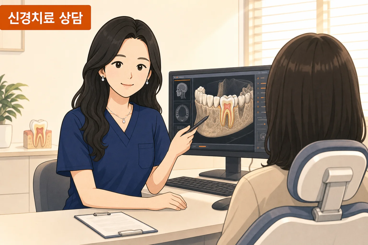 진료실에서 치아 영상검사 결과를 보며 통증 원인과 치료 방향을 설명하는 장면