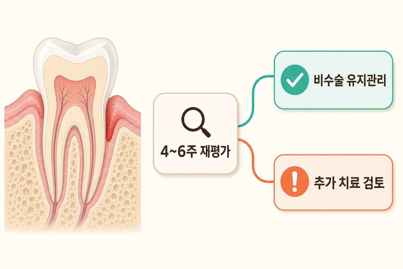 잇몸치료 4주에서 6주 후 탐침 출혈과 치주낭 깊이 변화로 유지관리와 추가 치료를 판단하는 모식도