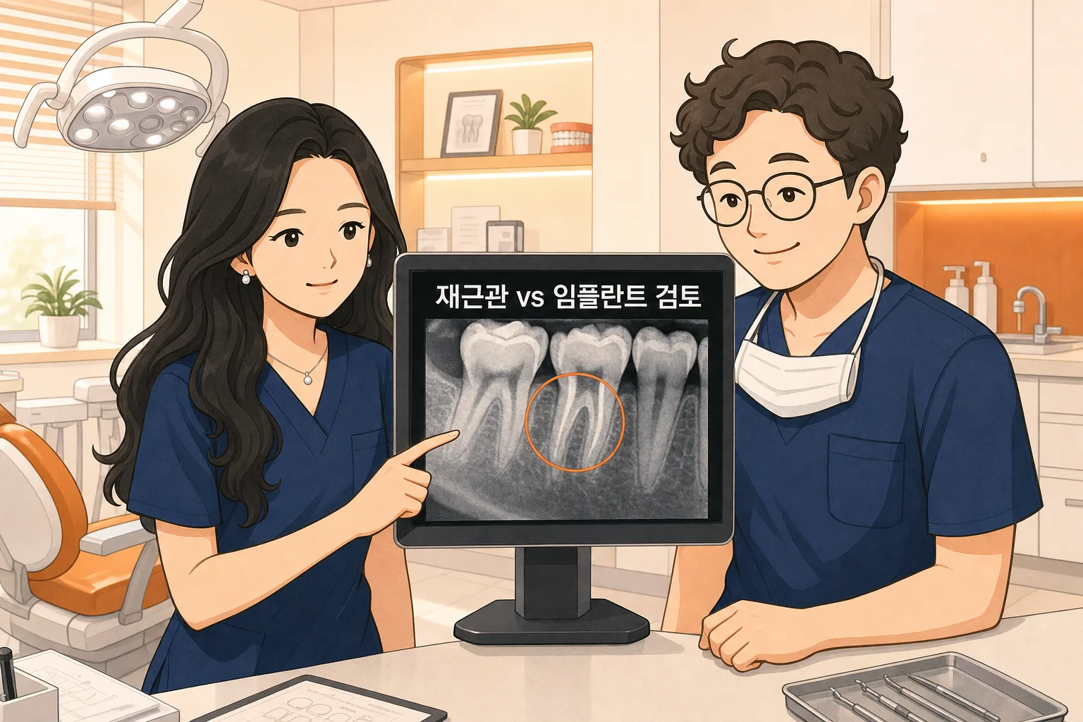 재근관치료 vs 임플란트 선택 기준 · 성공률과 예후로 판단 | 파주 서울이고운치과 내용을 설명하는 치과 진료 이미지