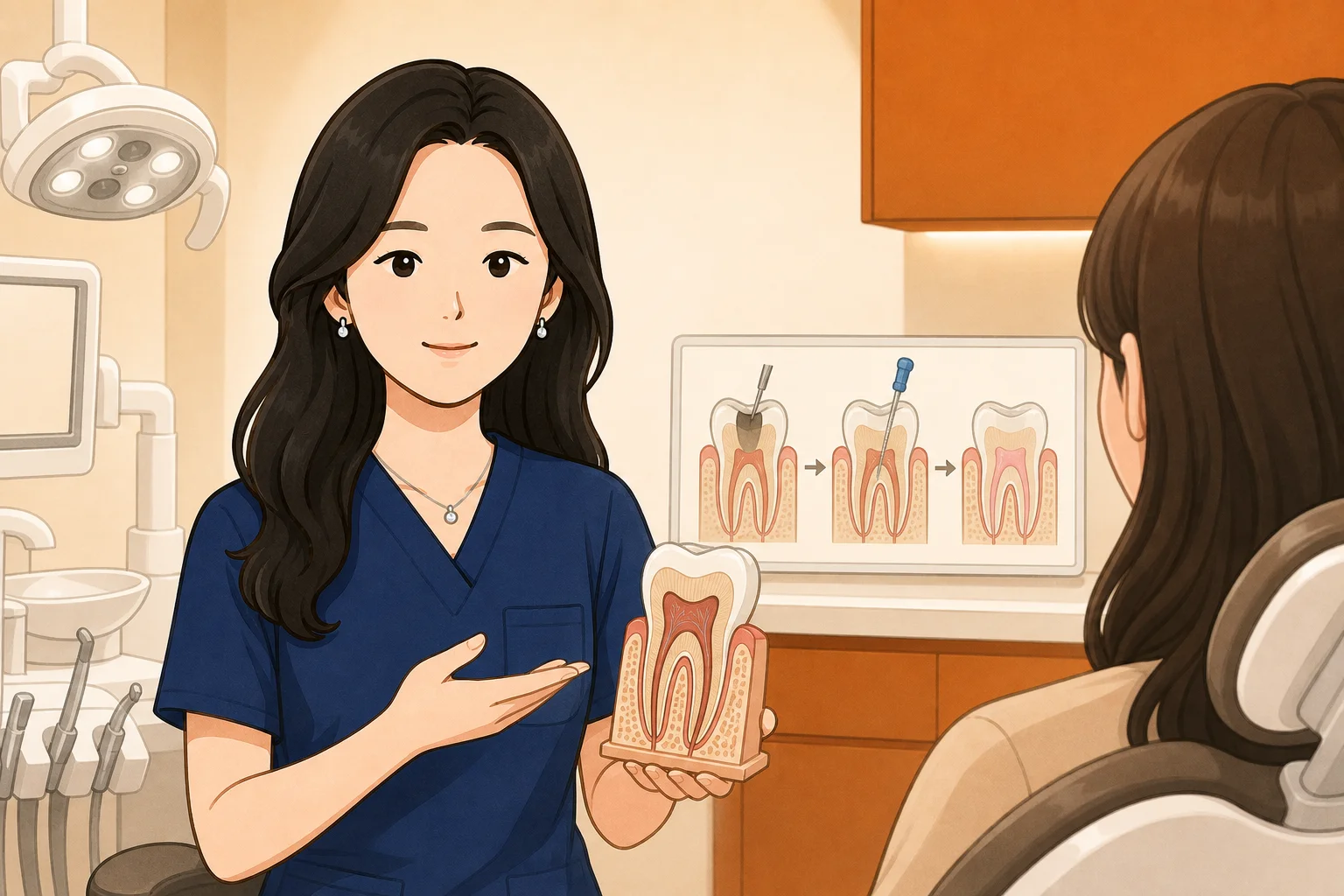 보존과 전문의가 진료실에서 모형 치아로 재근관치료 진행 과정을 설명하는 장면