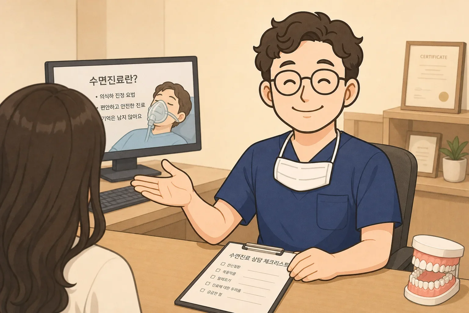 수면진료 받기 전 확인 5가지 · 적응증과 안전평가, 금기 내용을 설명하는 치과 진료 이미지
