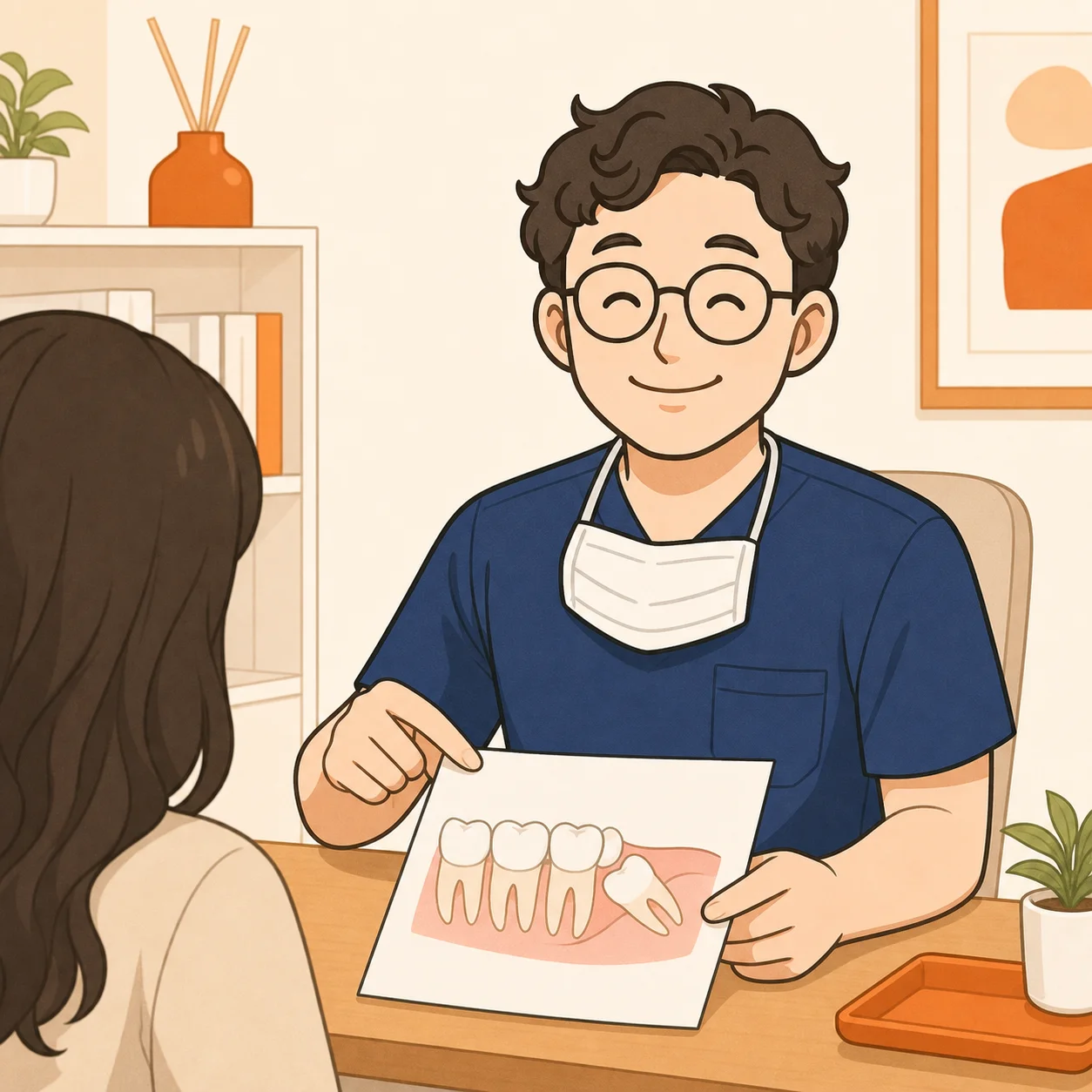 이채윤 원장이 진료실에서 환자에게 사랑니 발치 시기 판단 결과를 차분히 설명하는 마무리 장면