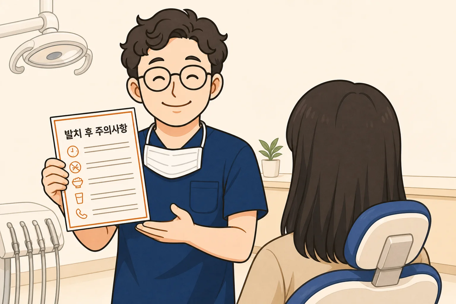 이채윤 원장이 사랑니 발치 후 주의사항과 내원이 필요한 신호를 환자에게 설명하는 장면