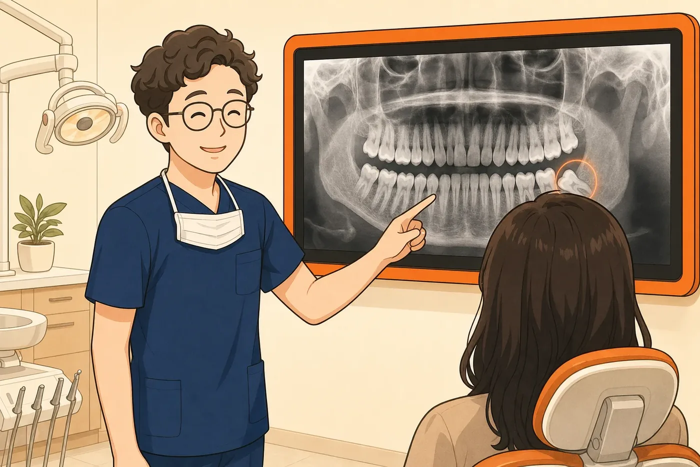 이채윤 원장이 파노라마 X-ray에서 매복 사랑니와 인접 어금니 손상 위치를 가리키는 장면