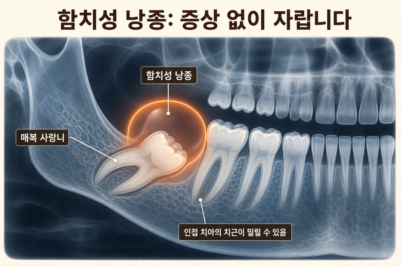 매복 사랑니 주변에 형성된 함치성 낭종과 인접 치아 치근을 표시한 파노라마 모식도
