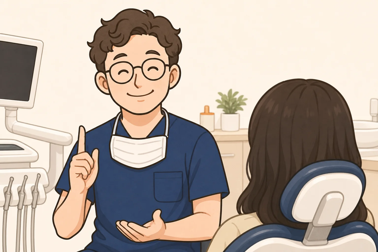 구강악안면외과 전문의 이채윤 원장이 발치 후 회복 과정을 환자에게 설명하는 일러스트