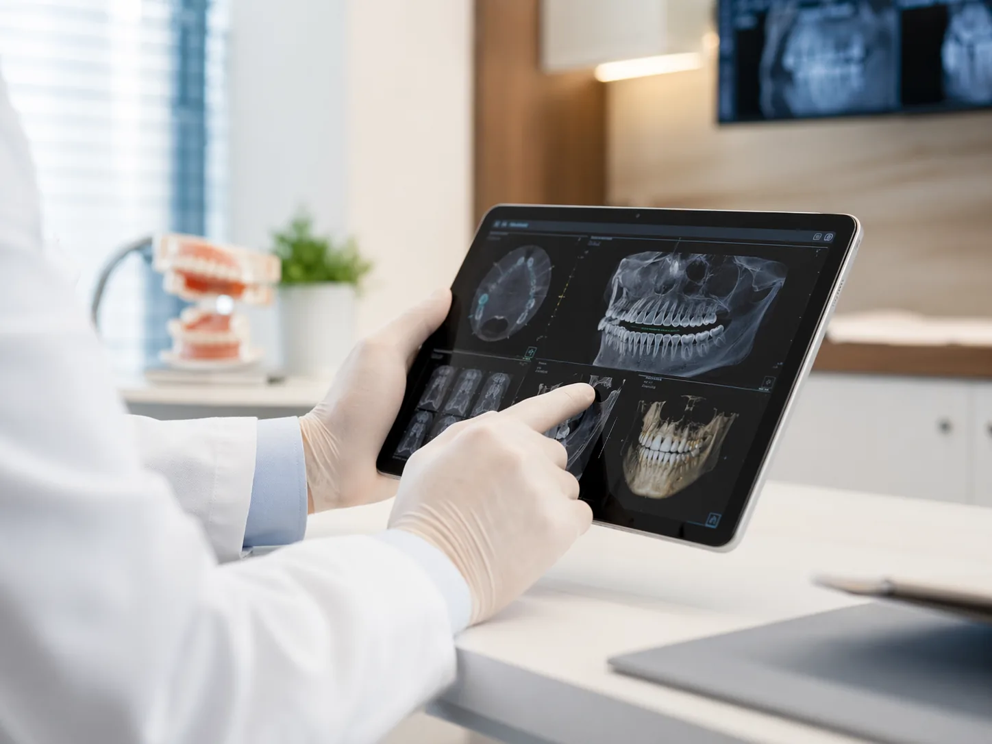 3D CT 영상을 태블릿으로 함께 보며 설명하는 장면