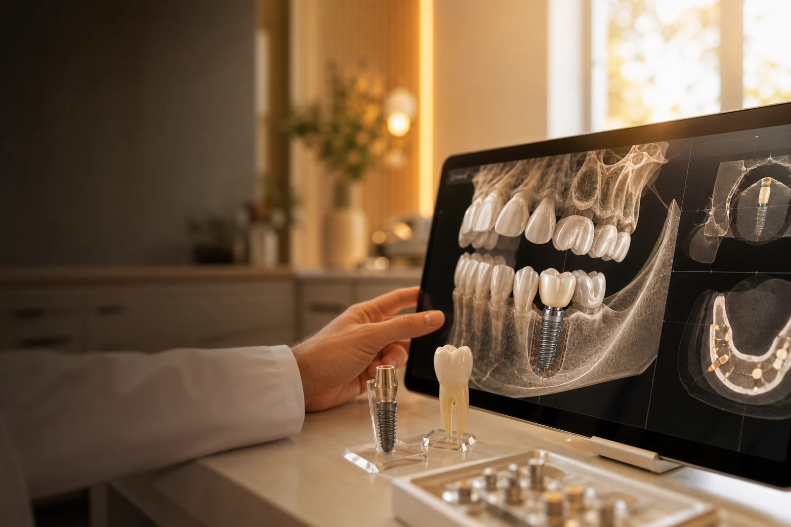 발치 후 즉시 임플란트 식립 계획, 모니터의 3D CT 식립 영상과 임플란트 픽스처·치아 모형을 확인하는 장면